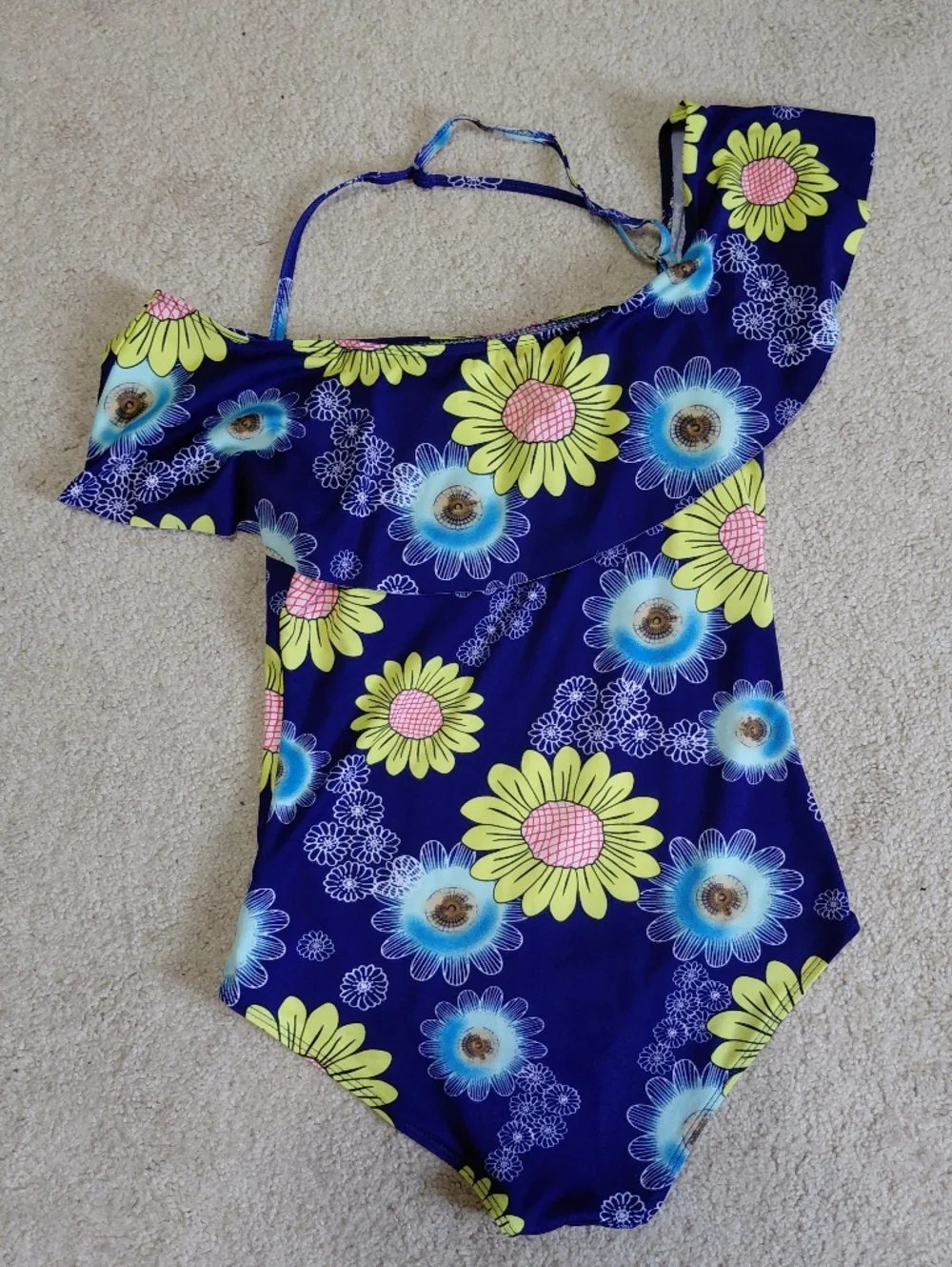 Girls Navy Floral One-Shoulder Swimsuit - Kids Swim